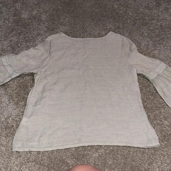 Francesca Bettini 100% Linen Khaki Lace Trim Bell Sleeve Blouse Size Large. Q - Picture 5 of 5